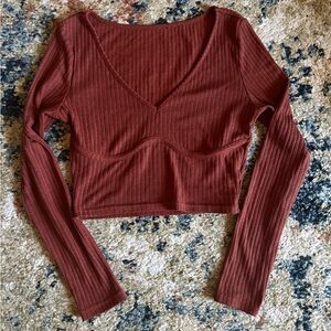 Women's Ribbed Long Sleeve Cropped Top - Rust- Medium